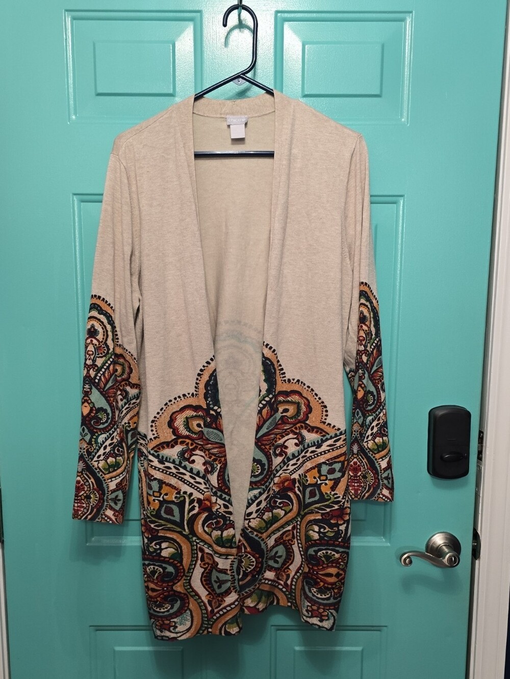 Chicos Beige Open-Front Sweater Cardigan with Multicolor Paisley Print